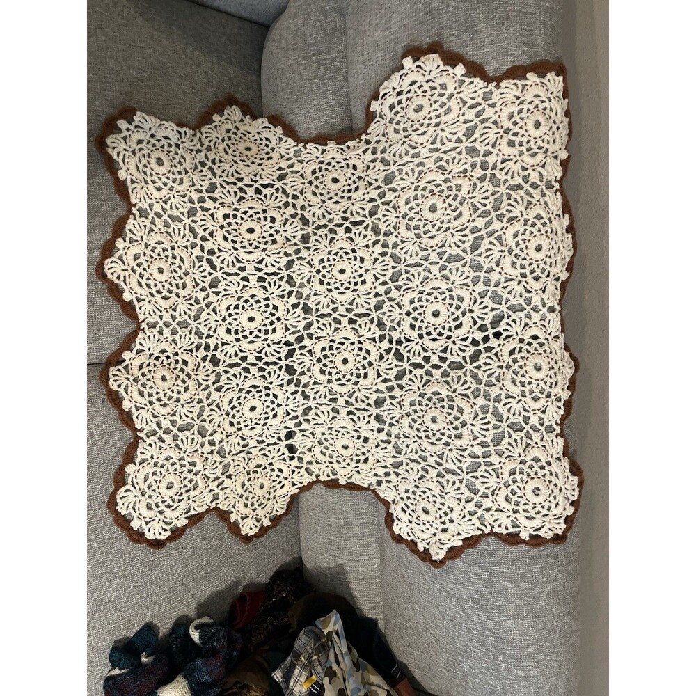 Vintage Crochet Ivory Floral w/ Brown Scalloped Edge Tablecloth  Shaw 52” x 52”